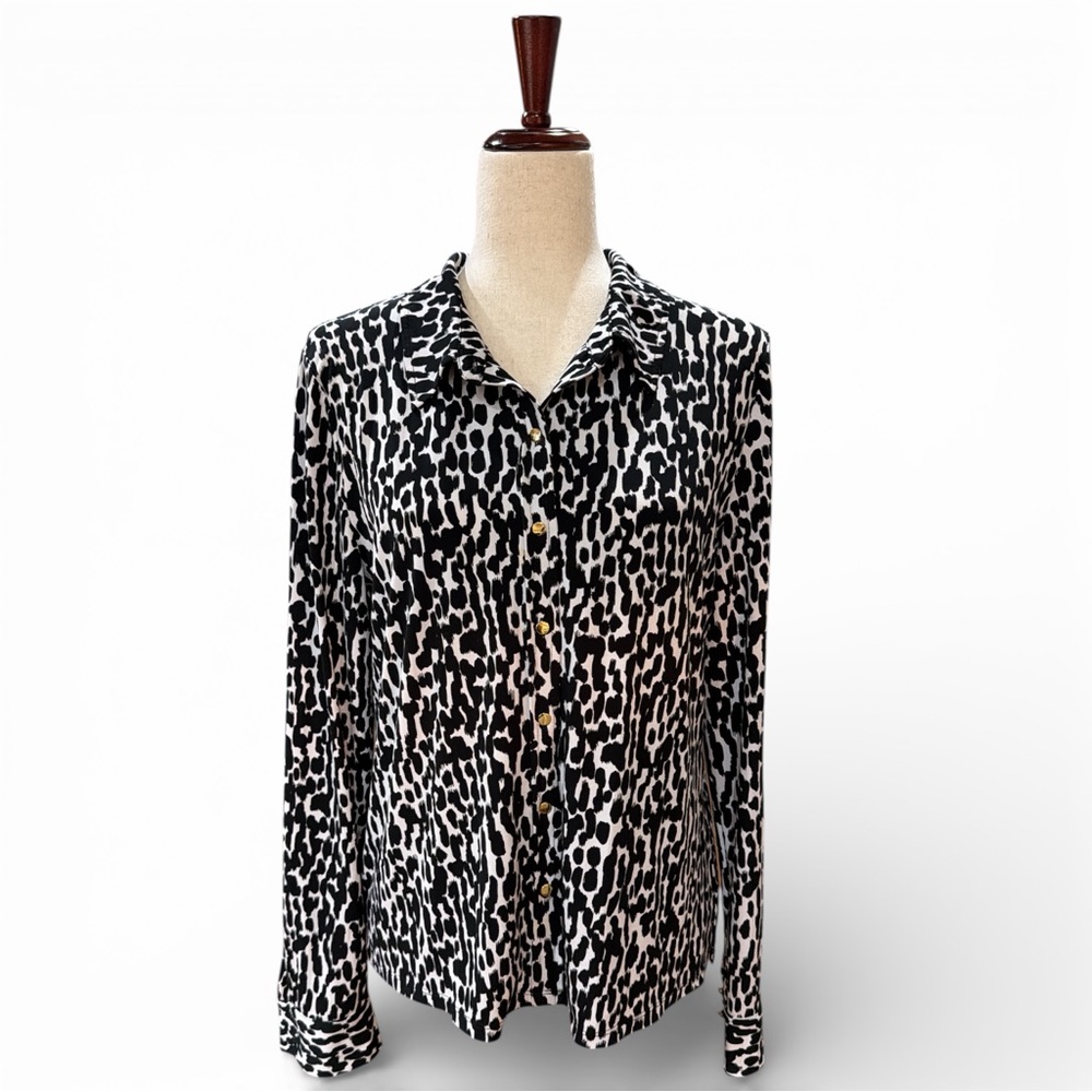 CALVIN KLEIN Black and White Animal Print Blouse Size Petite Large